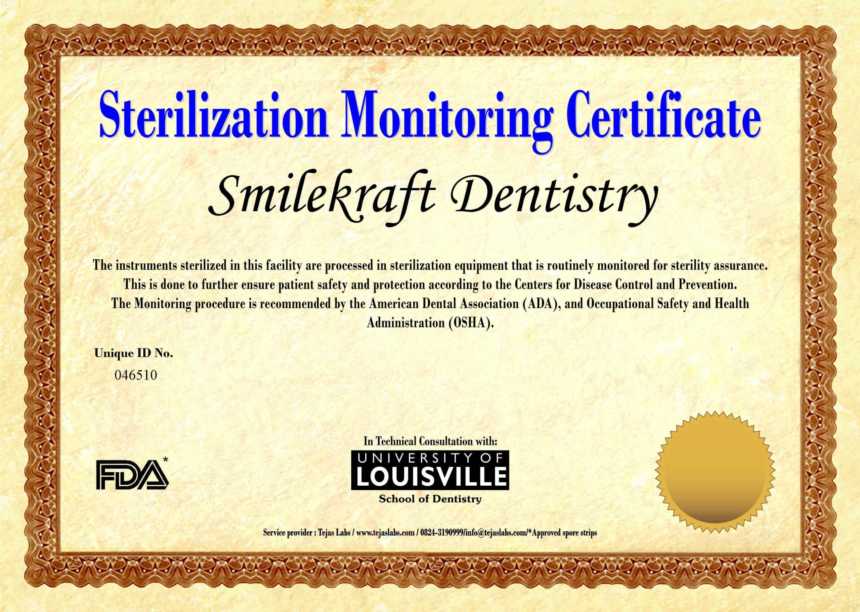 Smilekraft Dentistry sterilisation certificate